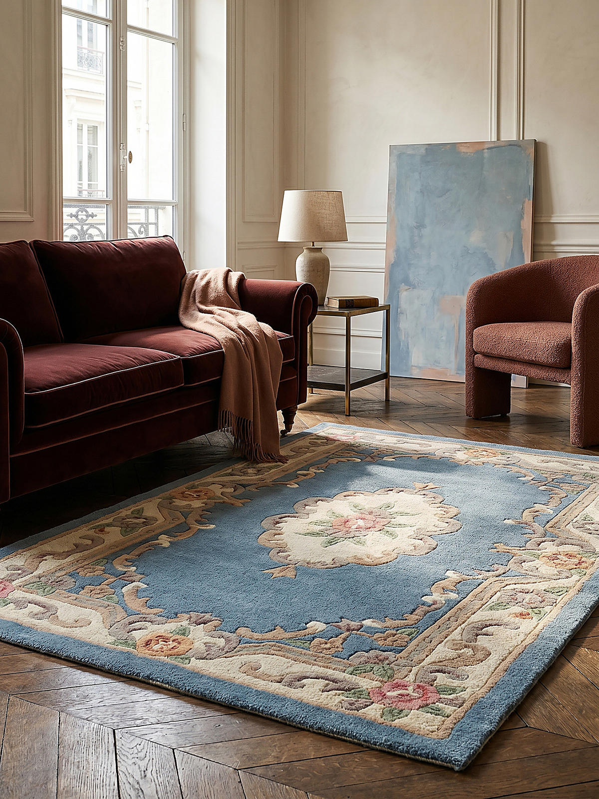 WOLLTEPPICH Aubusson-Muster handgeknüpft BEAULY, Blau-Beige 120x180 cm - Blau, Textil (180/120cm) - KADIMA DESIGN