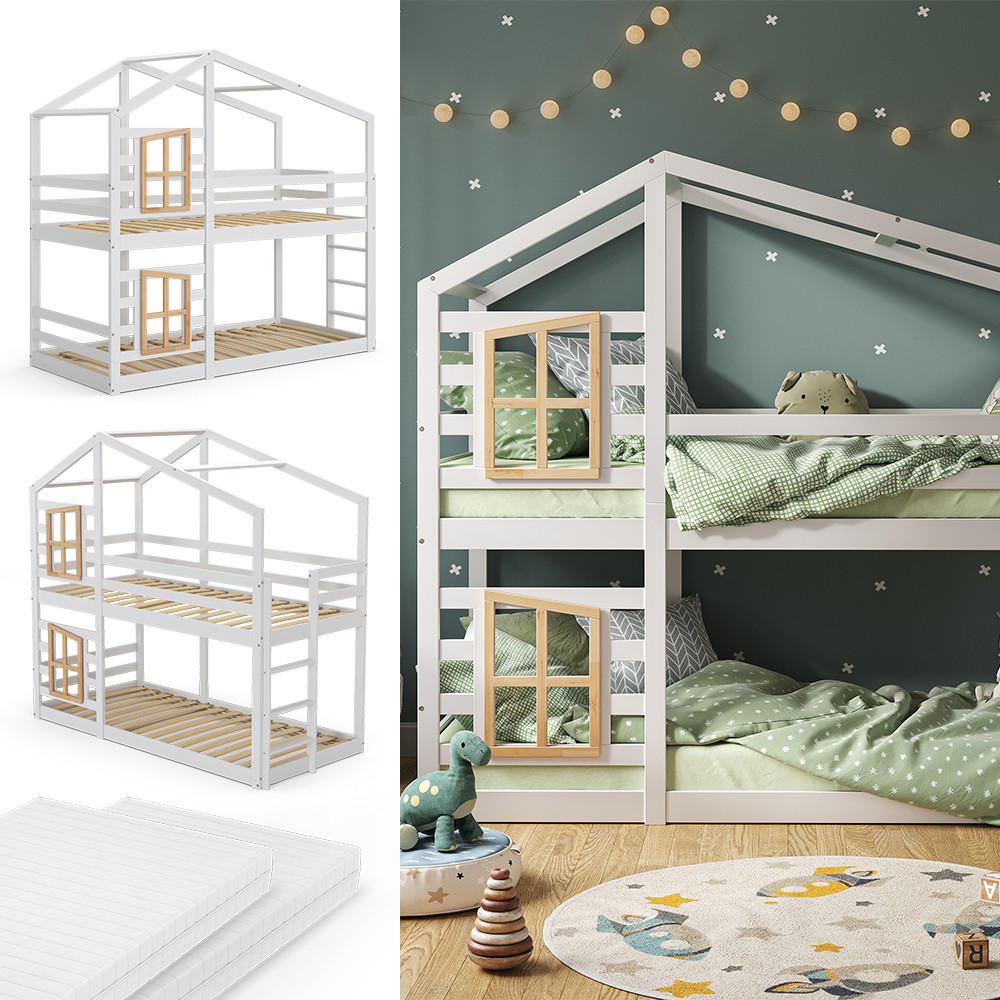 ETAGENBETT Maja Weiß 90x200 cm mit 2 Matratzen - Hellbraun/Weiß, Holz (90/200cm) - VitaliSpa