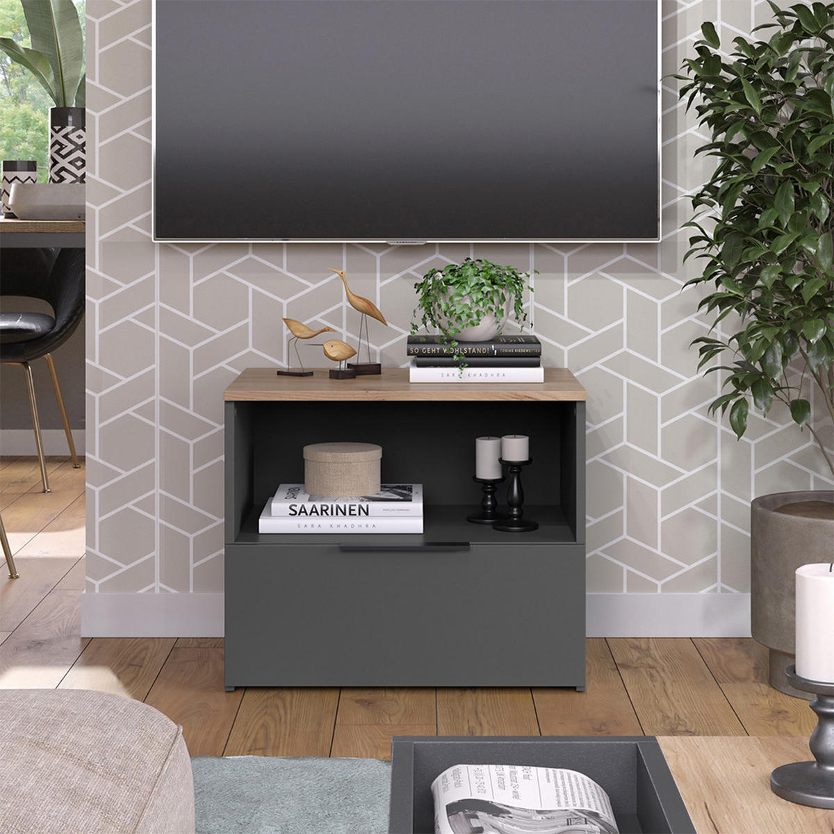 KOMMODE Wido Anthrazit/Sonoma 60 x 50 cm mit klappe - Anthrazit, Holzwerkstoff (60/50/40cm) - Vicco
