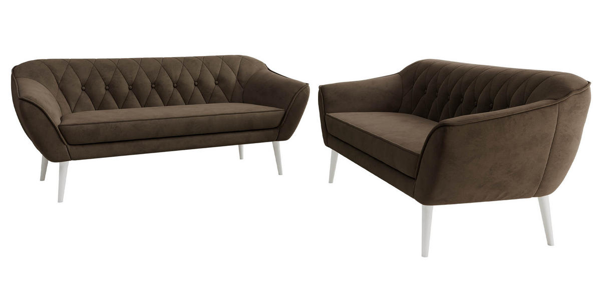 SEDACÍ SOUPRAVA 3+3 PIRS - Hnědá Samet - Bílé nohy - bílá/tmavě hnědá, kompozitní dřevo/textil (180/75/74cm) - MKS