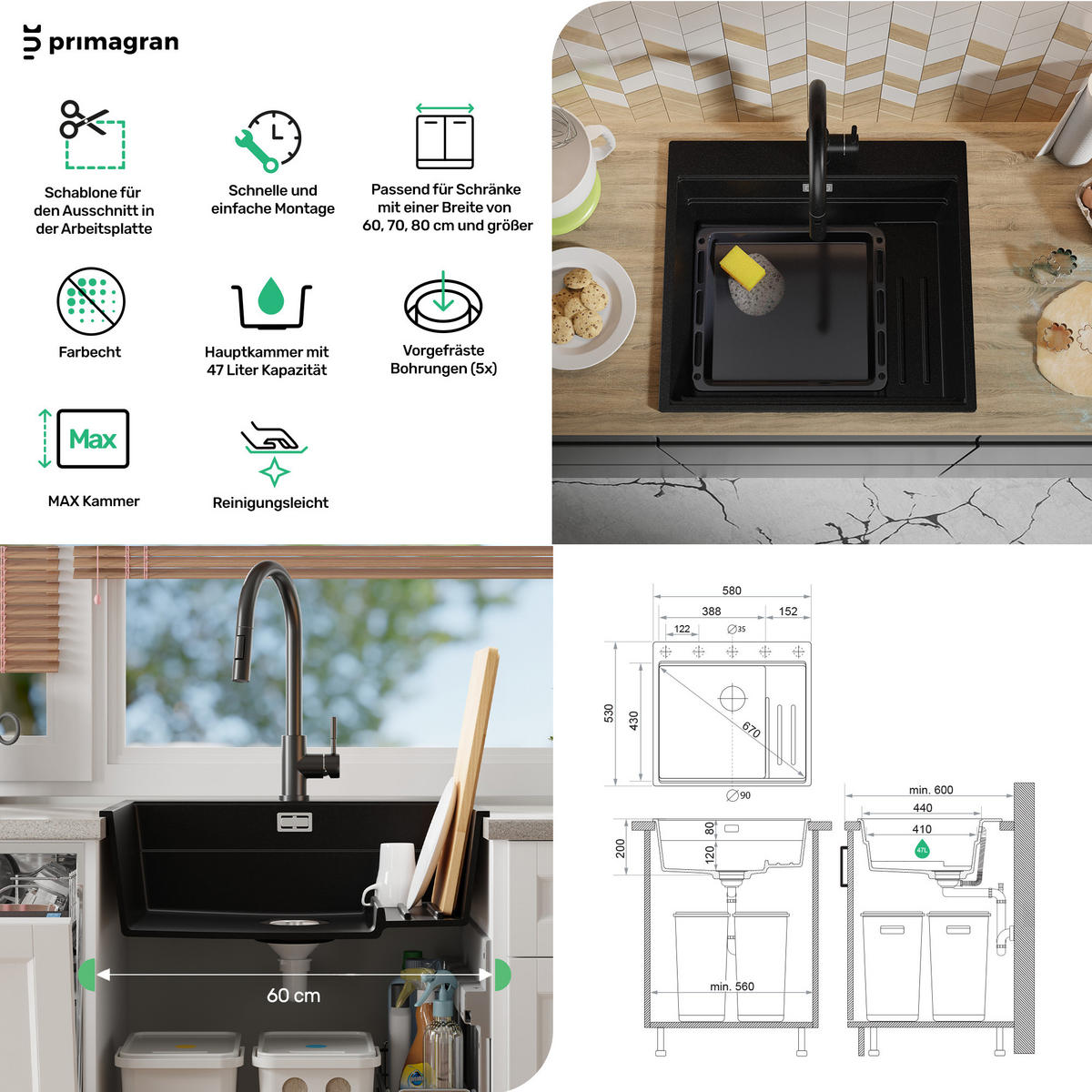 SPÜLBECKEN Oslo Max, 2-er set Alles Schwarz 58/53 cm 1 Becken + Ablauf-Set + Küchenzubehörset ab 60er Unterschrank - Schwarz, Kunststoff (58/20/53cm) - Primagran