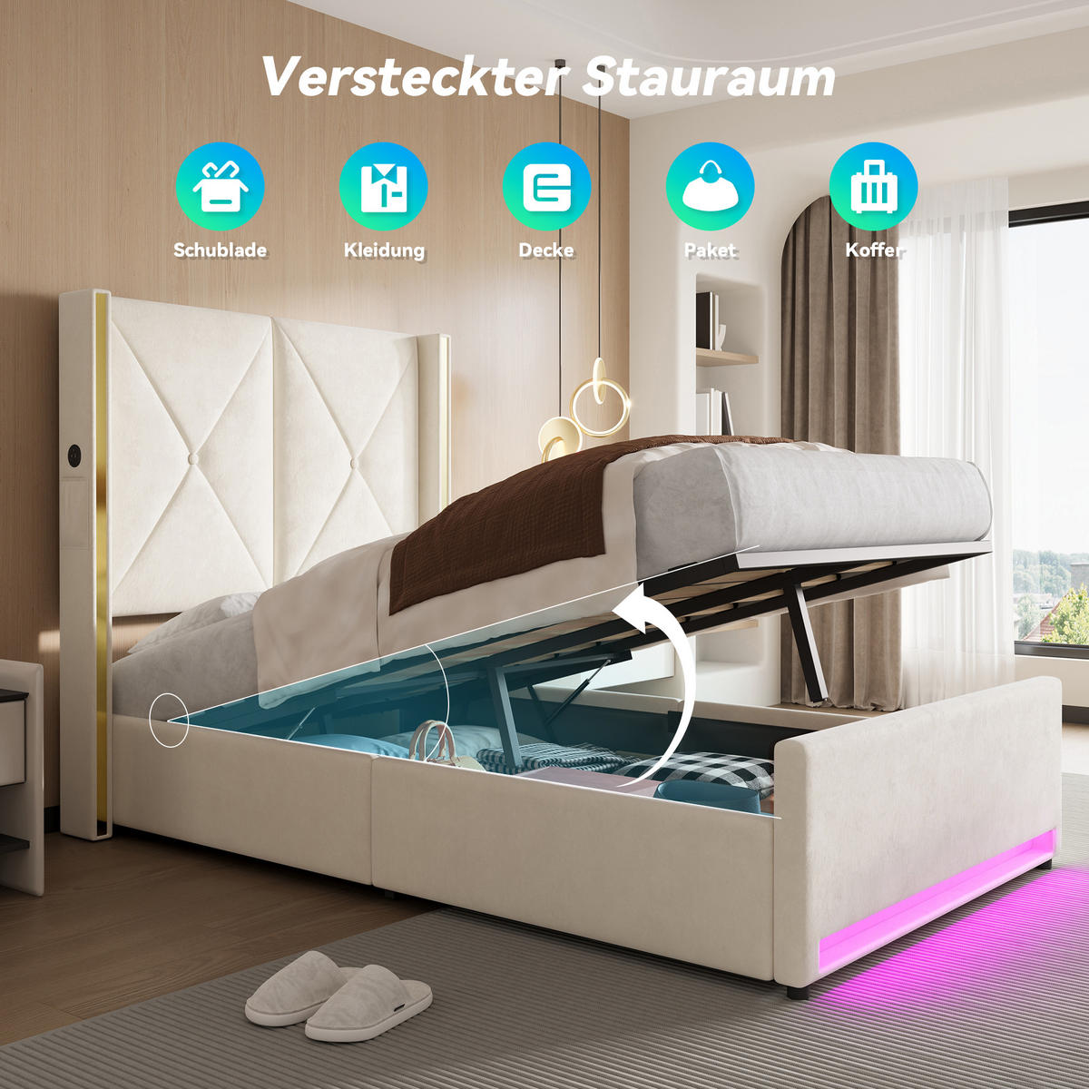 POLSTERBETT 90/200 cm in Beige mit Bettkasten, LED, USB und Type-C Samt - Beige, Holzwerkstoff/Textil (90/200cm) - STILVORA