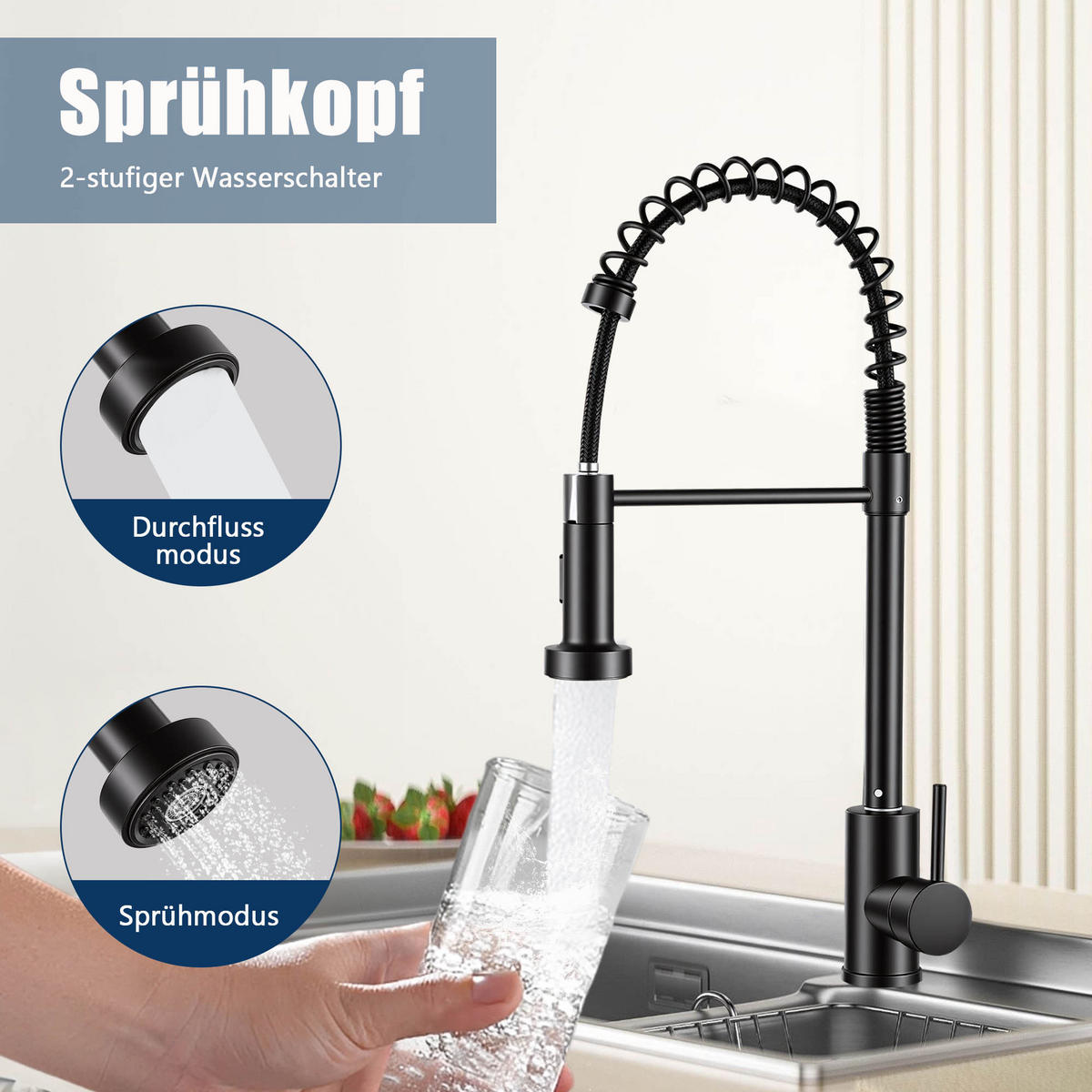 KÜCHENARMATUR Schwarz mit Feder-Sprühkopf, 2 Strahlmodi, 360° drehbar, Keramikkartusche, Einhebelmischer, rostfrei, Einlochmontage - Schwarz, Metall (4.5/46/17.5cm) - Joyfair