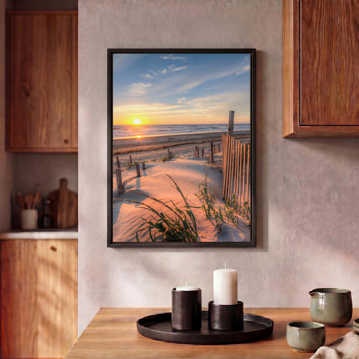 LEINWAND Bilder mit Rahmen - Strand - Meer - Düne - Sonnenuntergang - Landschaft - 30x40 - Beige, Textil (30/40cm) - MuchoWow