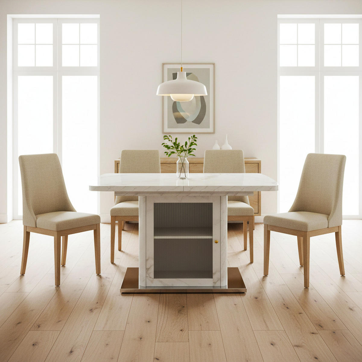 ESSTISCH Weiß Marmoroptik mit Ausziehfunktion & Stauraum-Sockel - Weiß, Glas/Holzwerkstoff (80/160/76cm) - Urban Meuble