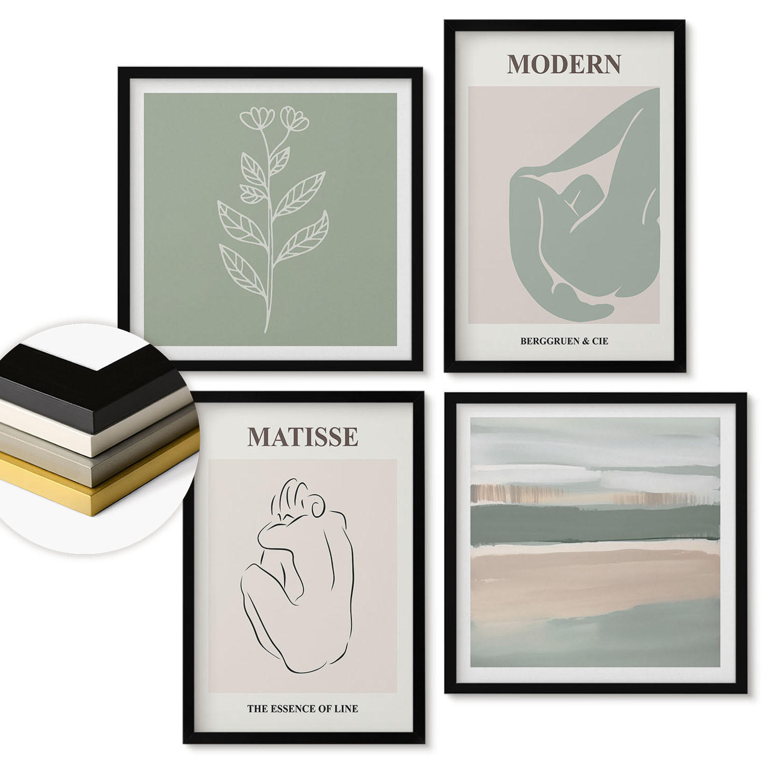 WANDBILDER 4er-Set - 50x50 cm & 40x60 cm Schwarzer Rahmen - Abstrakte Pflanzenformen - Schwarz, Kunststoff (50/50cm) - ArtPrintCave