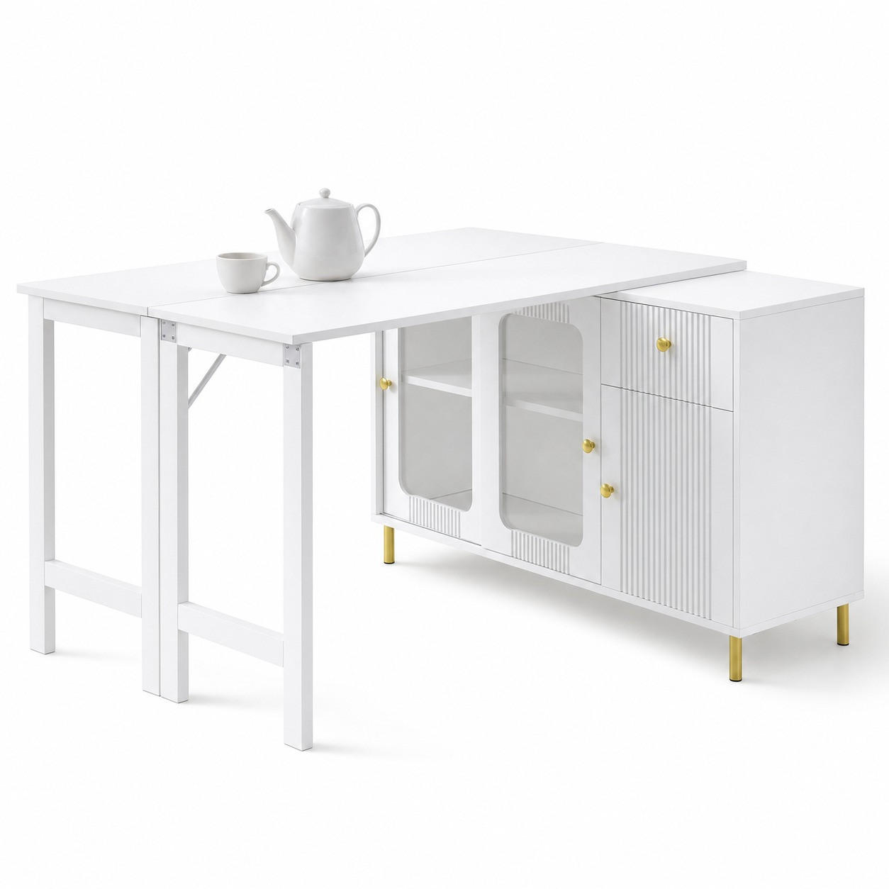 SIDEBOARD in Weiß Küchenschrank mit klappbarer & ausziehbarer Tischplatte, Glas-Schiebetüren, B122/T40/H82cm - Goldfarben/Weiß, Holzwerkstoff/Metall (122/82/40cm) - STILVORA