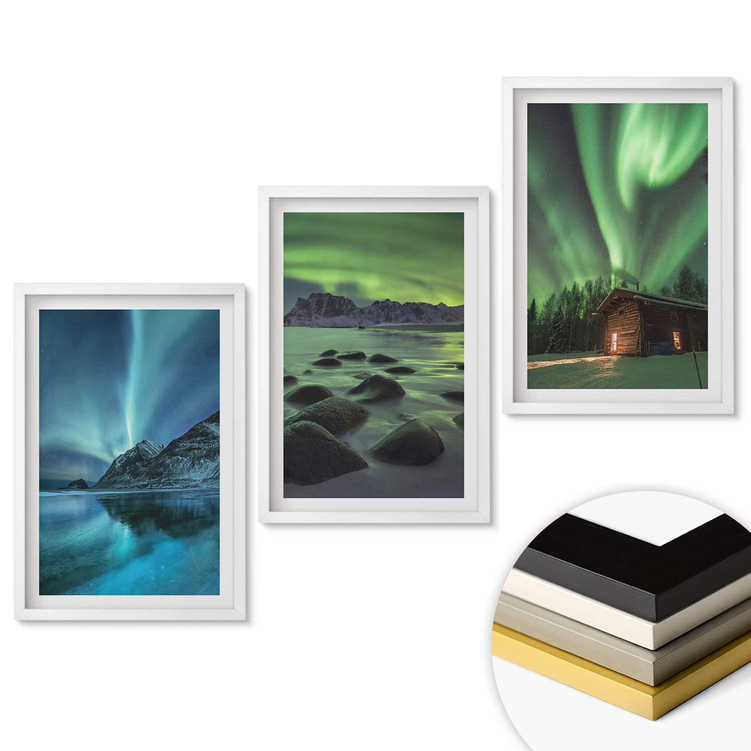 WANDBILDER 3er-Set - 40x60 cm Weißer Rahmen - Winterlandschaften, Nordlichter, Berge - Weiß, Kunststoff (40/60cm) - ArtPrintCave