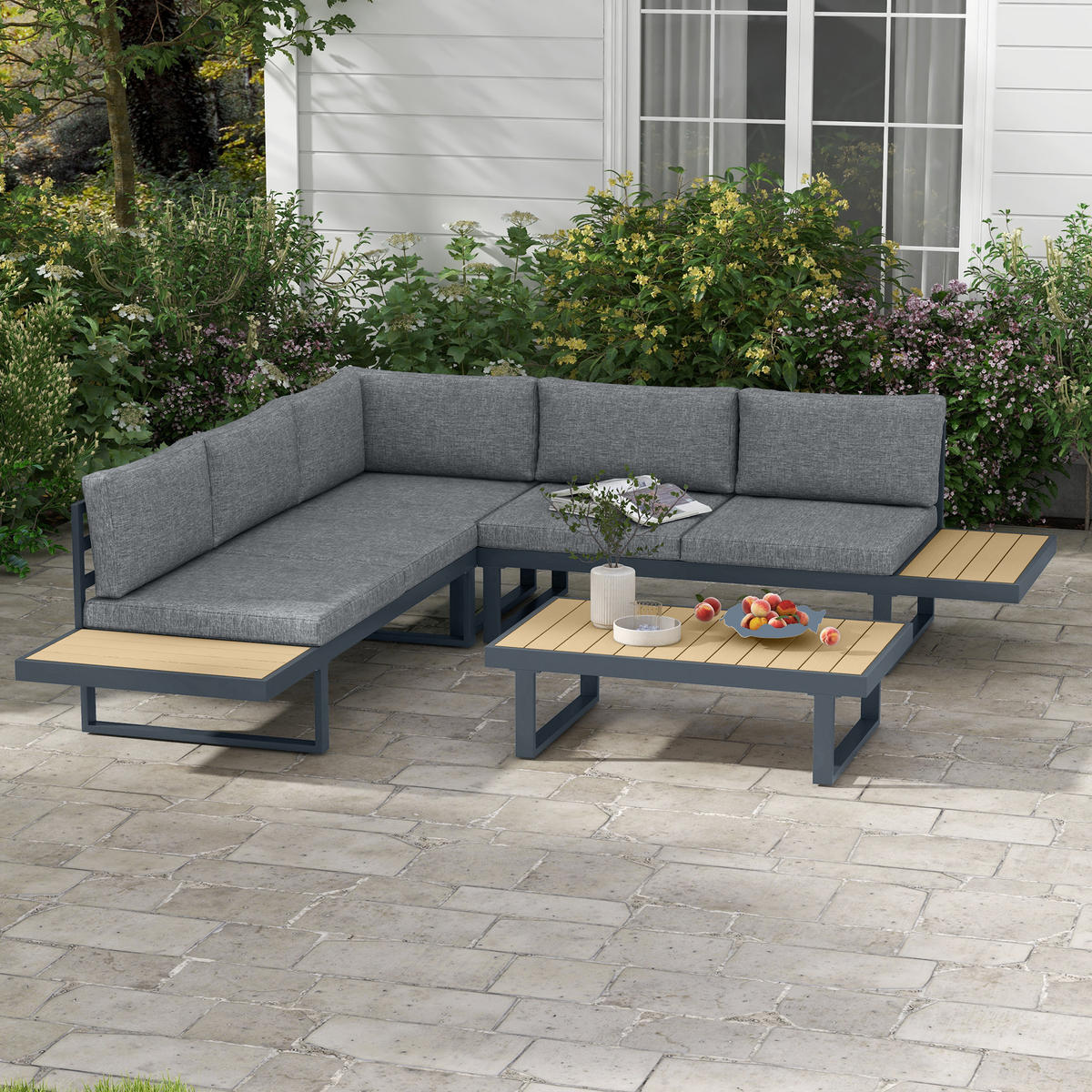 LOUNGEGARNITUR 5 Sitzplätze DE-13401 Aluminium & Holzoptik Anthrazit - Dunkelgrau, Metall - ComfortXL