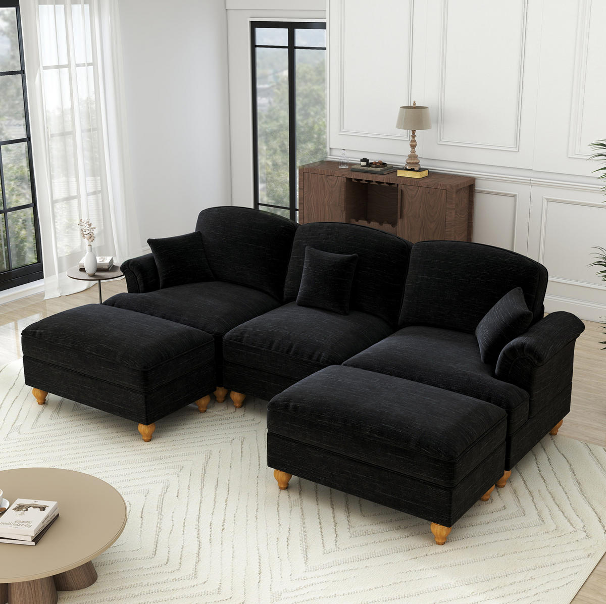 ECKSOFA 272/140/93 cm schwarz aus Chenille mit abnehmbarem Volant und beweglichem Hocker - Schwarz, Textil (140/272cm) - OKWISH
