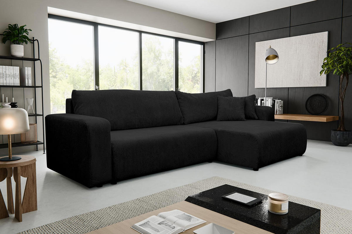 ECKSOFA Luna XL mit Schlaffunktion und Bettkasten Cord-Stoff (Schwarz) - Schwarz, Textil (274/142cm) - VENASI MÖBEL
