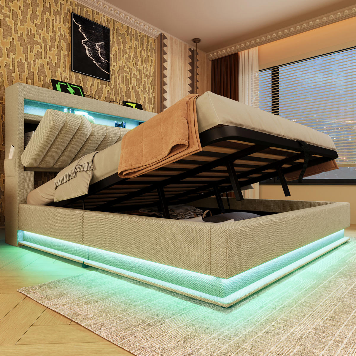 POLSTERBETT 140/200 cm Beige aus Leinen mit Stauraum, LED-Beleuchtung und USB - Beige, Textil (140/200cm) - Flora Grace