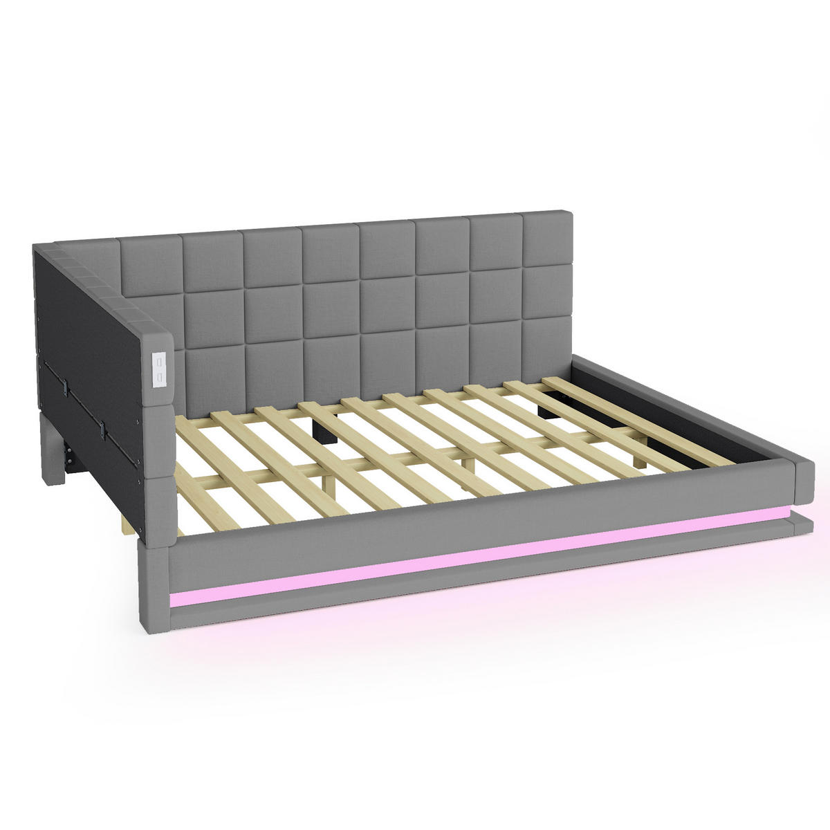 POLSTERBETT 140/200 cm Grau mit LED-Beleuchtung, USB-Anschluss und Lattenrost - Grau, Textil (140/200cm) - Flora Grace