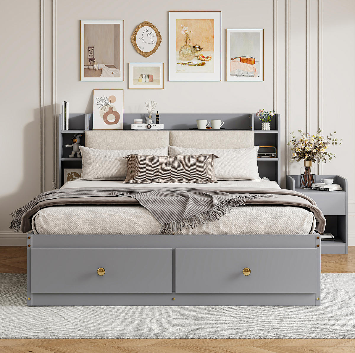 KOMBIBETT Massivholz 140/200 cm grau mit gepolstertem Kopfteil und Stauraum - Grau, Holz (140/200cm) - OKWISH