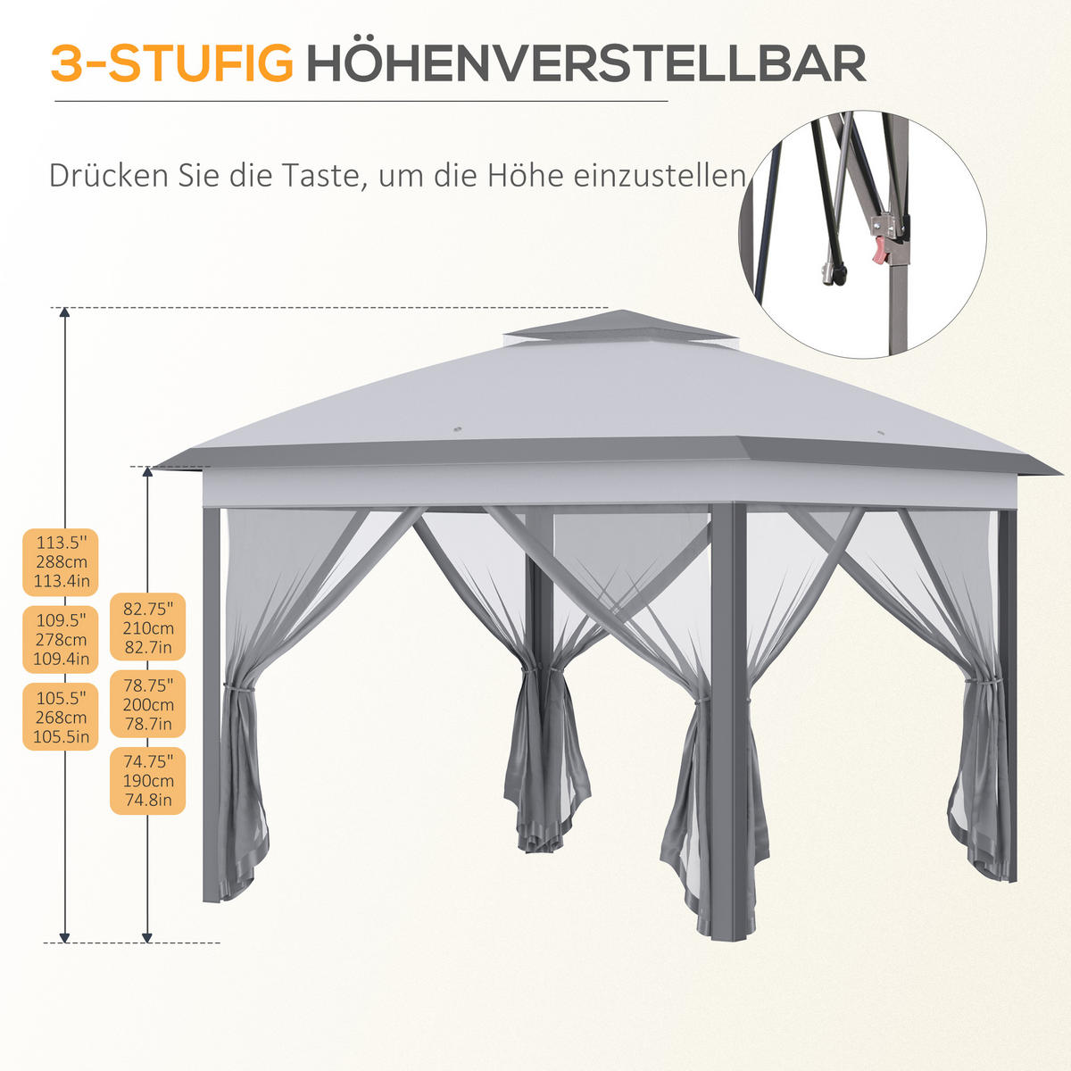 PAVILLON 3,3 x 3,3 m - Grau, Metall (330/288/330cm) - Outsunny