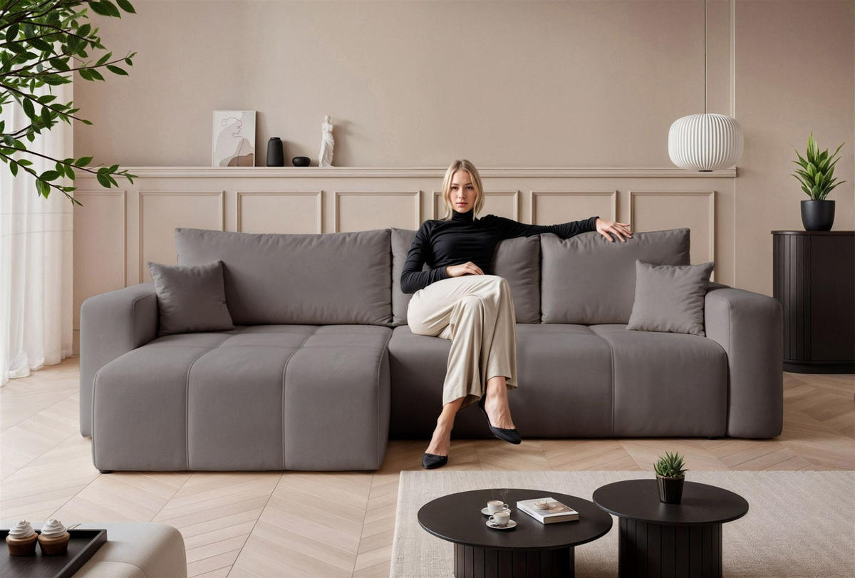 ECKSOFA Leros Xl Mit Schlaffunktion - Grau, Holzwerkstoff/Textil (278/145cm) - Fun Möbel