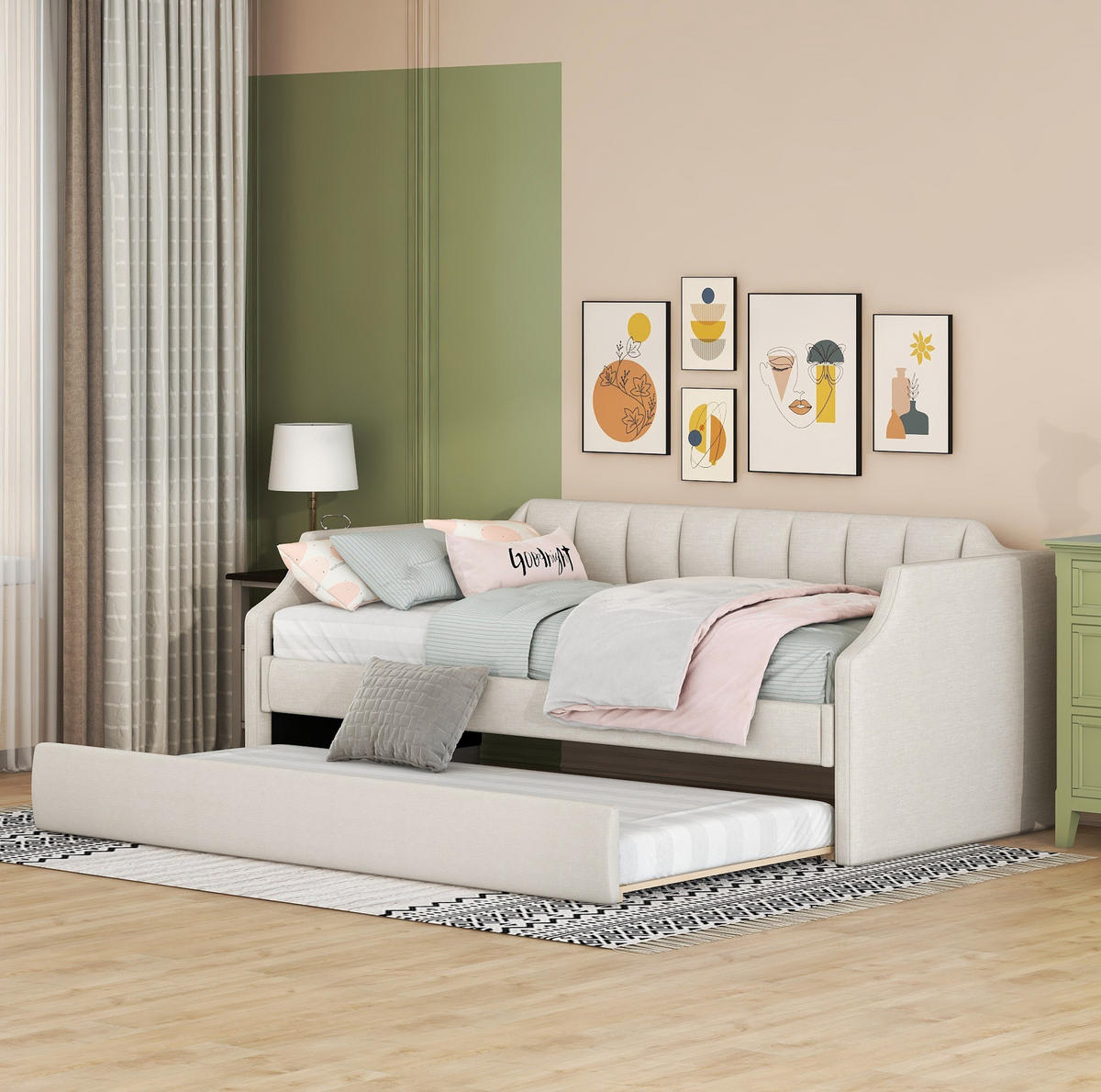 POLSTERBETT 90/200 cm Beige aus Leinen und Sperrholz mit Rollbett - Beige, Textil (90/200cm) - OKMYHOME