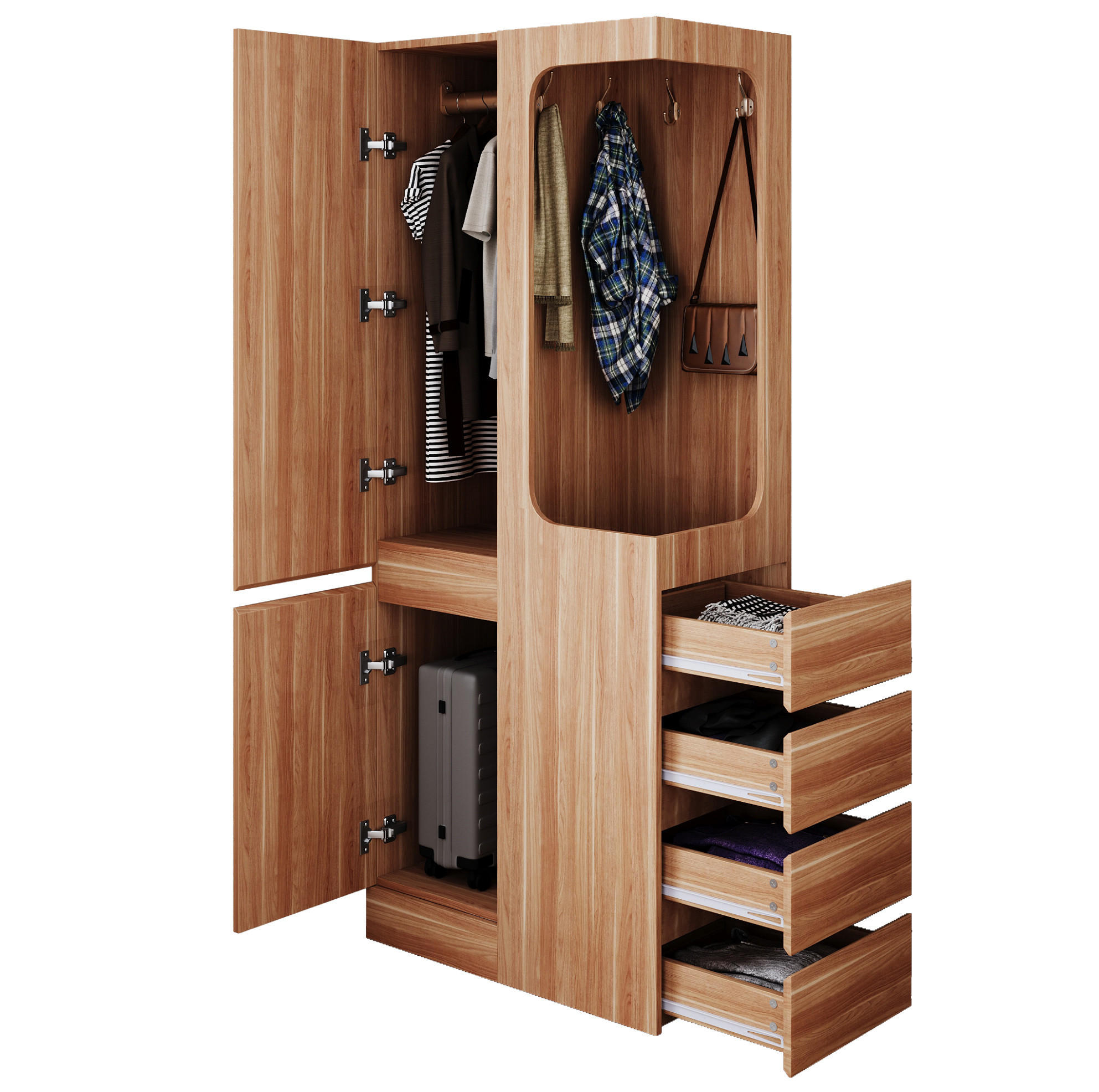 KLEIDERSCHRANK 70/40/170 cm in Weiß/Holz mit 4 Schubladen und offenem Hängebereich - Naturfarben, Holz (70/170/40cm) - BEAOK