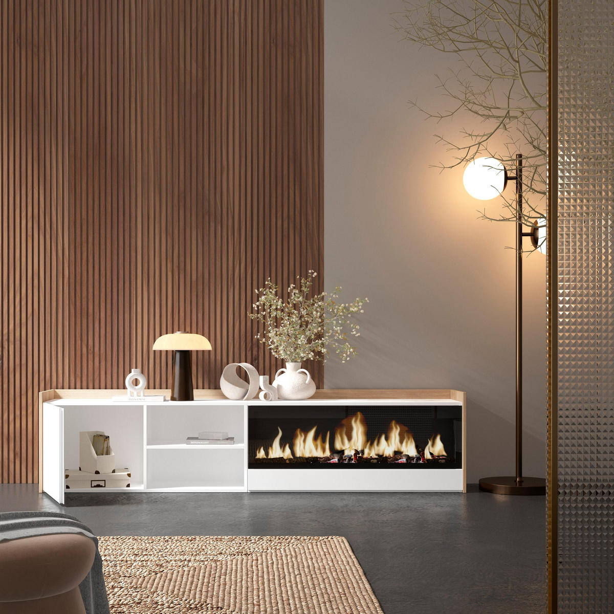 LOWBOARD, Weiß und Eiche, 212/35/50cm, Kamin mit Feuereffekt XXL - Weiß, Holzwerkstoff (212/50/35cm) - Skraut Home