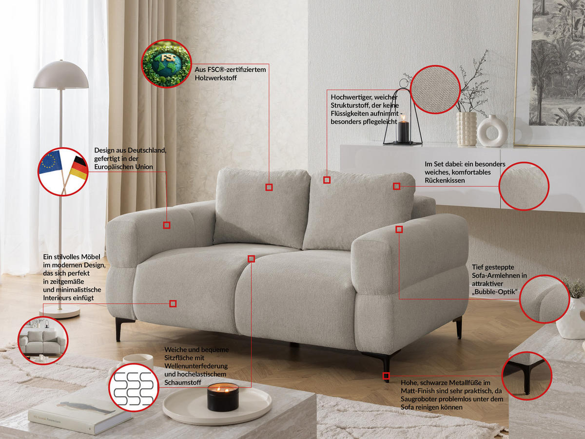 SITZGARNITUR 2+1 Cardea in Bubble-Optik aus weichem Taupe Strukturstoff mit hohem Sitzkomfort - Taupe/Schwarz, Holz/Textil (154/80/97cm) - S-Style Möbel