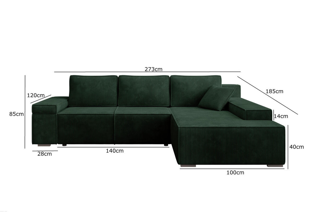 ECKSOFA Milo mit Schlaffunktion und Bettkasten, Couch L-Form, Cord-Stoff, 273x85x185 cm, Grün - Grün, Holz (273/185cm) - PROMETO Möbel