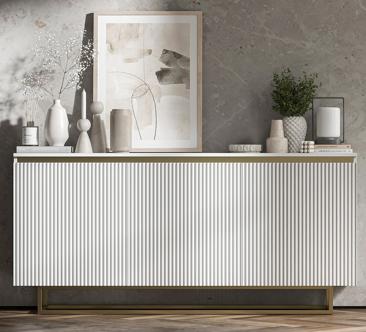 SIDEBOARD Selene 3D Weiß Matt mit geriffelten Fronten Glamour 167 cm - Goldfarben/Weiß, Holzwerkstoff/Metall (167/79/35cm) - Meble Lindner