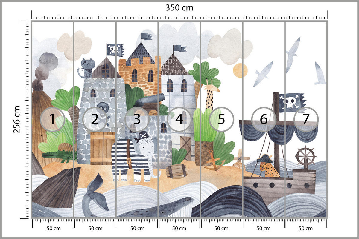 FOTOTAPETE für Kinderzimmer Märchen Piratenfestung Schiff Meereswellen 350x256 - Blau/Beige, Papier (350/256cm) - Muralo