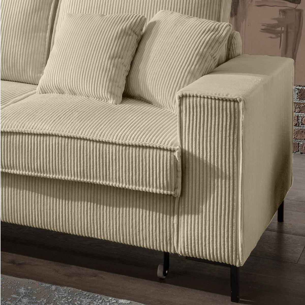 ECKSOFA mit Schlaffunktion, Bettkasten, Wellenunterfederung, Récamiere links B240/T150/H92 cm, Liegefl. 125x198 cm, Cord Beige Grau / 17223 - Greige/Beige, Textil/Metall (240/150cm) - luma-home