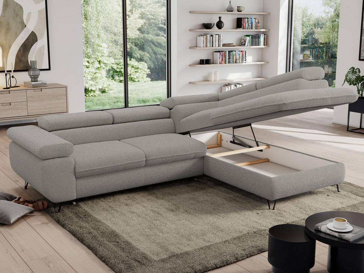 ECKSOFA PEDRO L Hellgrau Boucle - Rechts Seite - Hellgrau/Schwarz, Textil/Metall (273/208cm) - MKS
