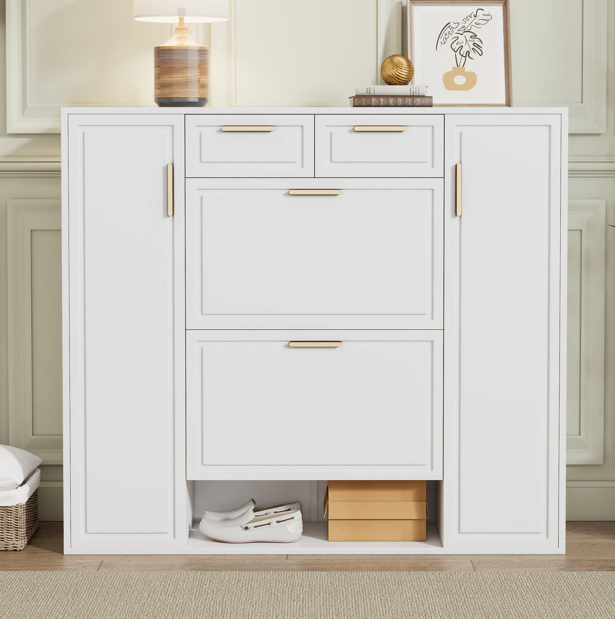 SCHUHSCHRANK 120/24/107 cm mit verstellbaren Regalen, 2 Schubladen und Klapptüren, MDF und Spanplatte, Weiß - Weiß, Holzwerkstoff (120/107/24cm) - Redom