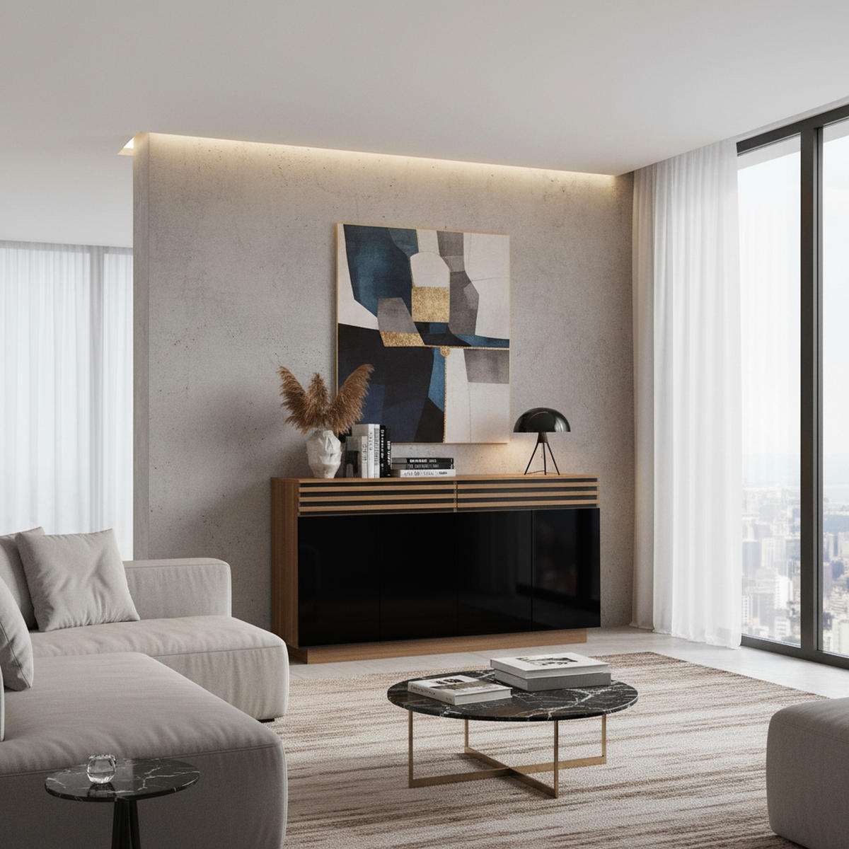 SIDEBOARD 2 Schubladen, 4 Türen, braune Holzoptik & schwarze Türen Viel Stauraum für Wohnzimmer, Esszimmer & Küche - Walnussfarben, Holzwerkstoff (150/85/40cm) - Urban Meuble