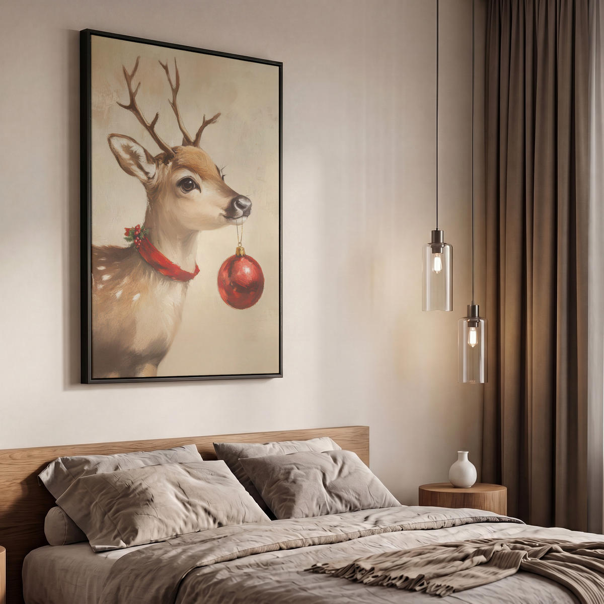 LEINWAND Bilder mit Rahmen - Weihnachten - Hirsch - Geweih - Weihnachtskugel - Rentier - 60x90 - Hellbraun, Textil (60/90cm) - MuchoWow