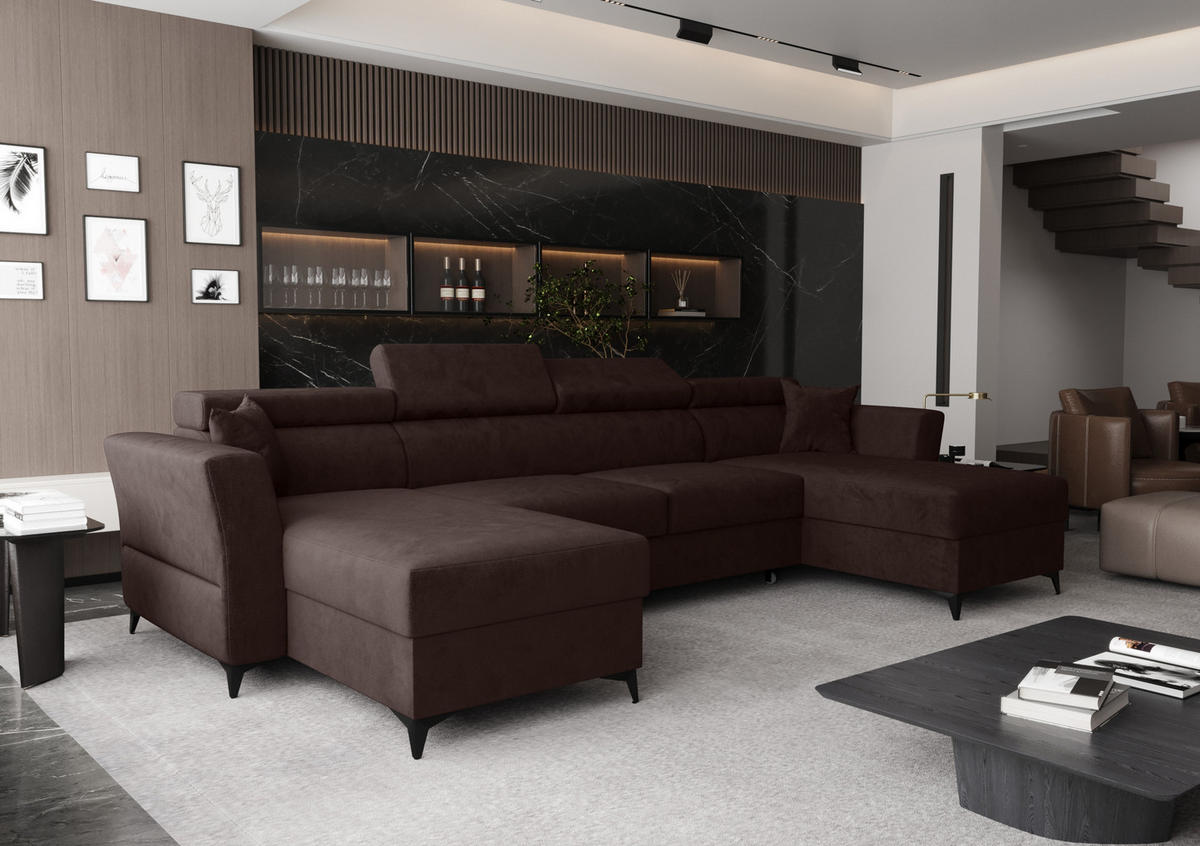 WOHNLANDSCHAFT Ribella Braun 345/180/100 cm mit Schlaffunktion - Schwarz/Braun, Textil/Metall (345/100/180cm) - AX Living
