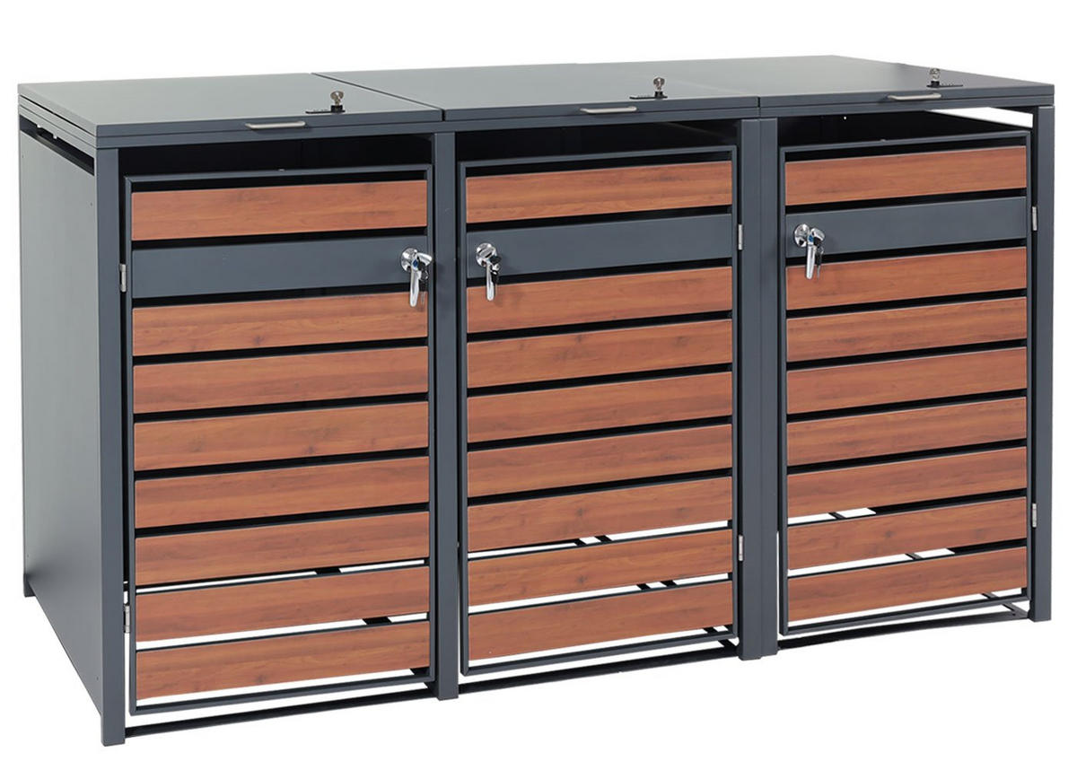 MÜLLTONNENBOX 3er 117x200x80cm Anthrazit Kirsche-Holzoptik Dunkelbraun - Kirschbaumfarben, Metall (200/117/80cm) - PROREGAL