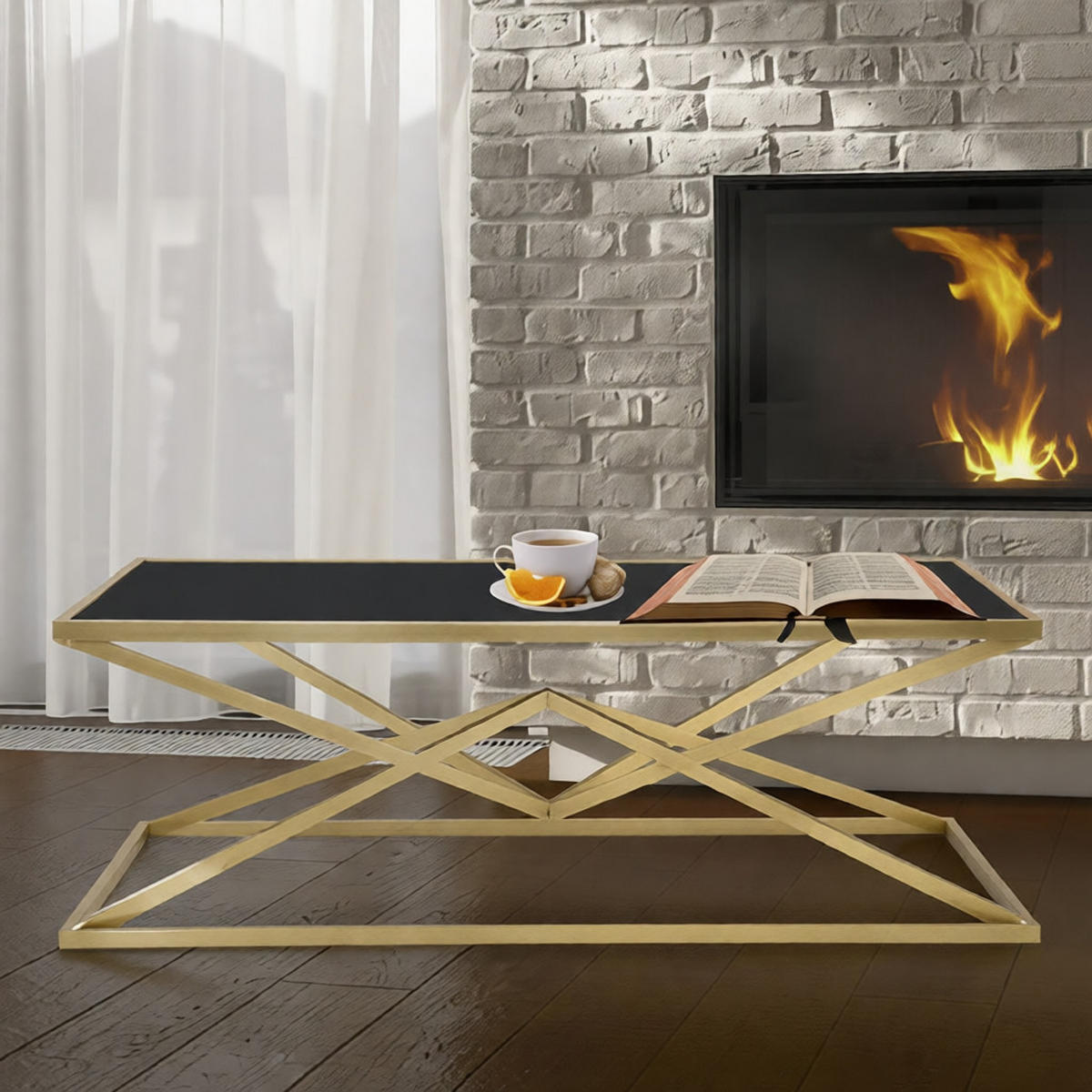 COUCHTISCH Piramid, goldfarben und schwarz, Eisen und Glas, 110 x 60 x 45 cm - Goldfarben/Schwarz, Glas/Metall (60/110/45cm) - Mauro Ferretti