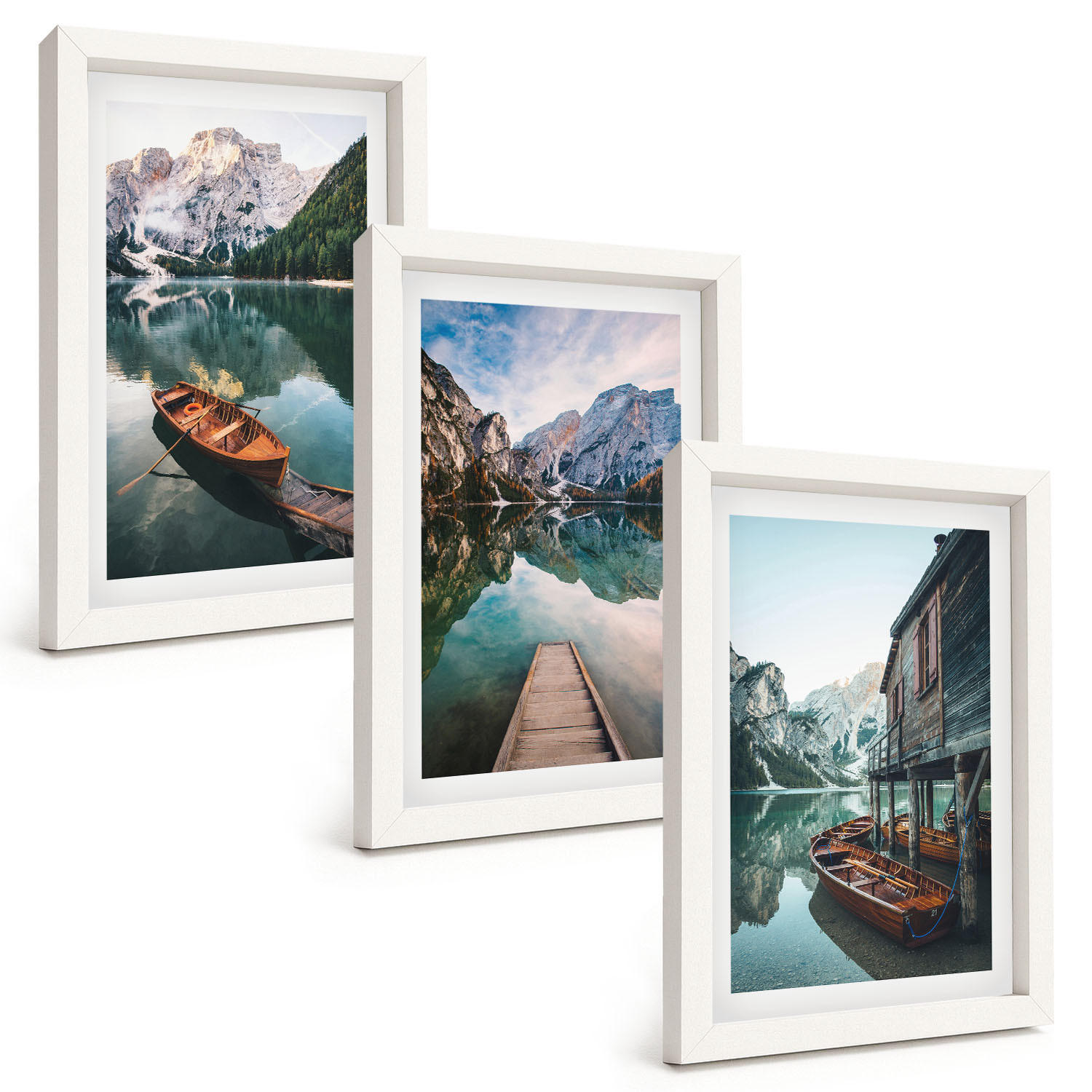 BILDER SET 3er Set - 20x30 cm Weißer Rahmen - See, Berge, Boote, Ferienhaus - Weiß, Kunststoff (20/30cm) - TULUP