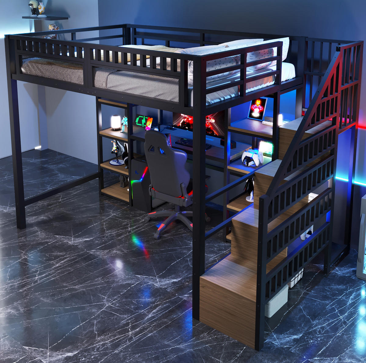 HOCHBETT 140/200 cm Schwarz aus Metall mit Schreibtisch - Schwarz, Metall (140/200cm) - OKMYHOME