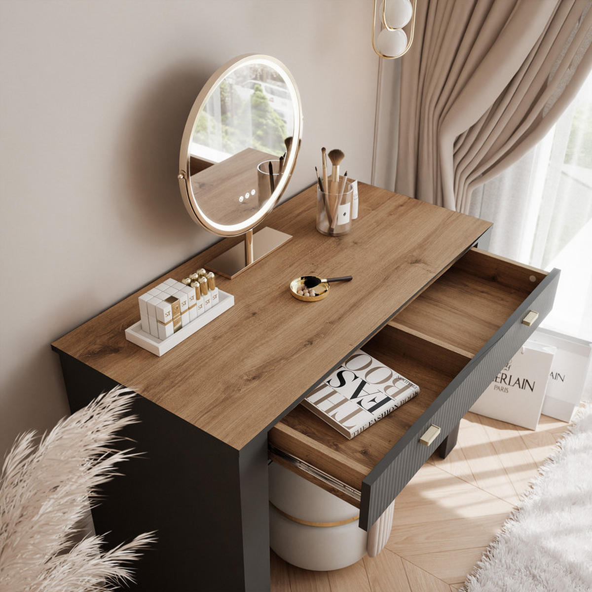 SCHMINKTISCH AVENA mit 2 Schubladen, 102 cm Schwarz/Eiche - Schwarz, Holzwerkstoff/Kunststoff (102/79/50cm) - Idohome