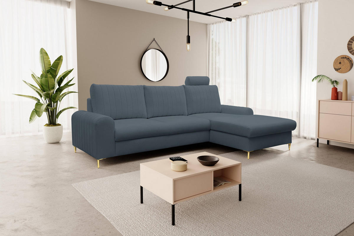 ECKSOFA VERONA R-S Blau Geflochtener Stoff mit Schlaffunktion - Blau, Holz (251/164cm) - MASSENO