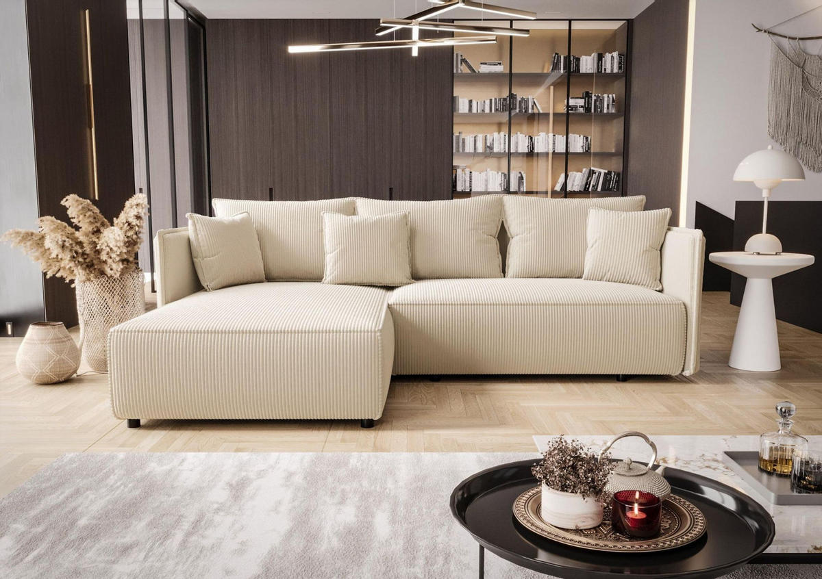 ECKSOFA MILANO links cremeweiß Cord Poso 105 - Schlaffunktion, Bettkasten - Creme, Textil (245/185cm) - Cornero