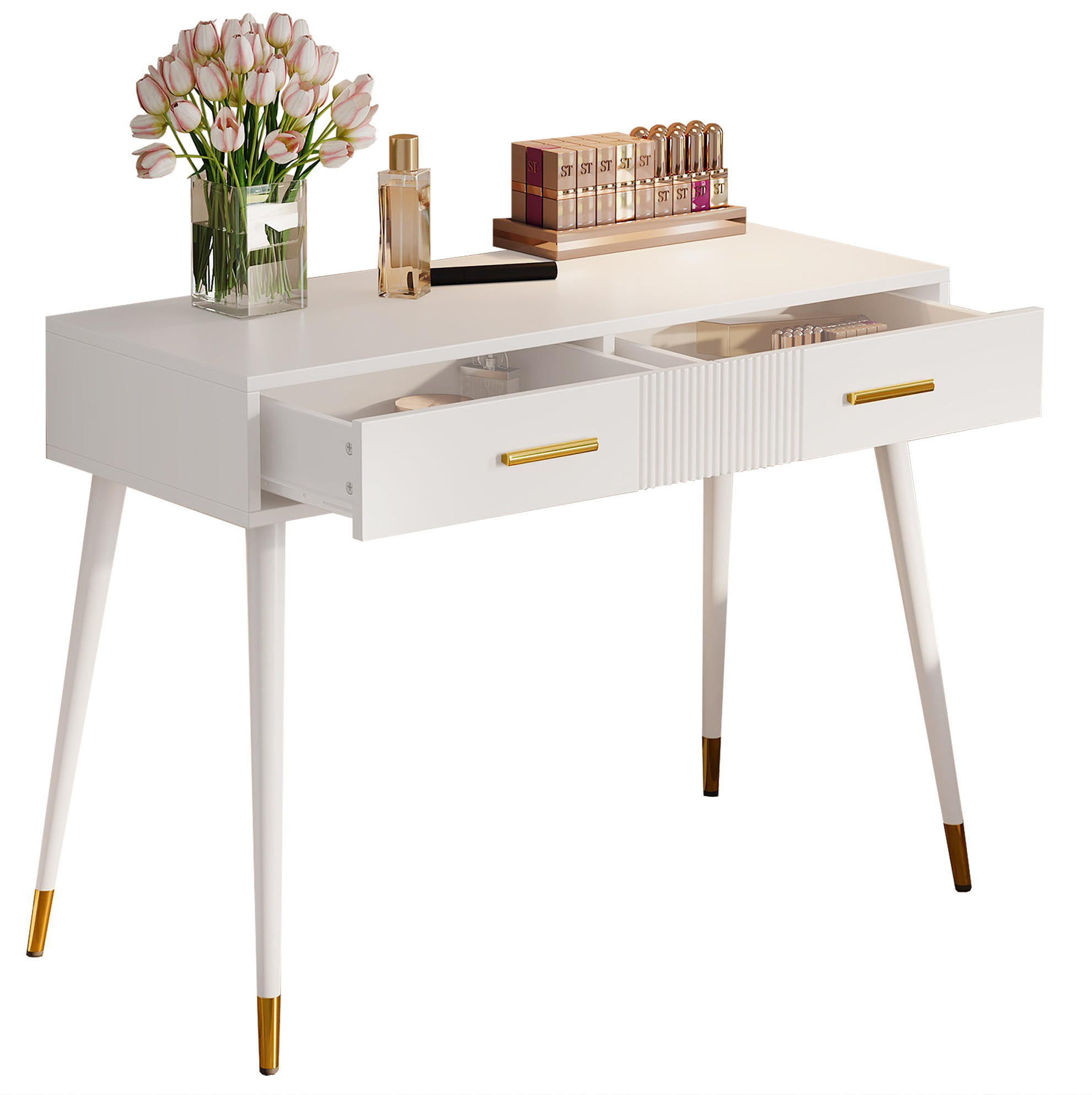 KOZMETIČNA miza, 100/40/76 cm, MDF bela, z 2 predaloma - bela, leseni material (40/76/100cm) - BEAOK
