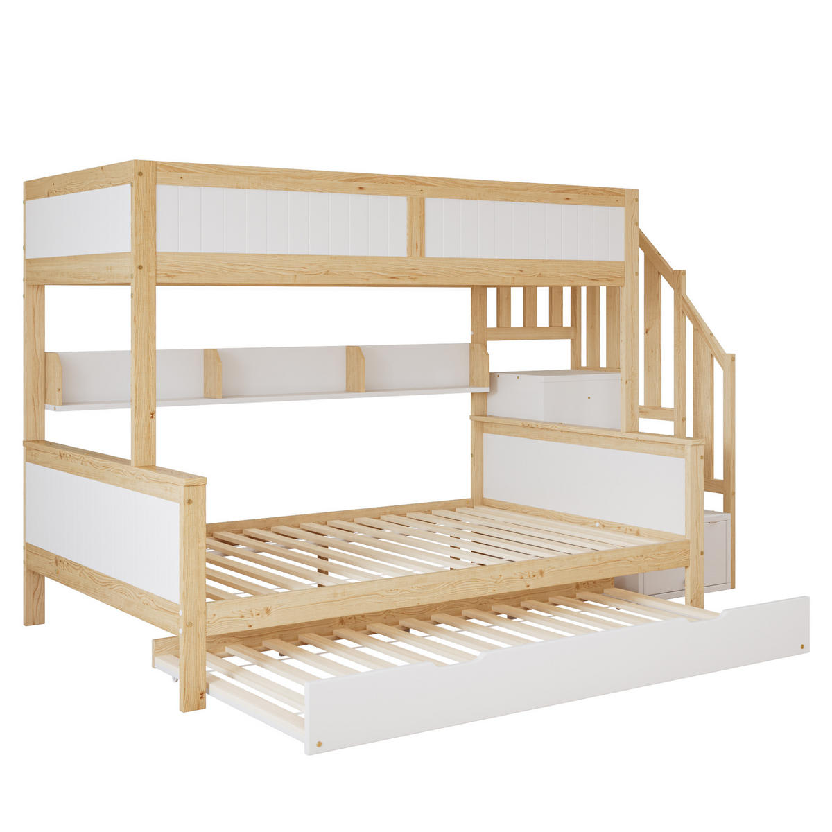 ETAGENBETT 90/200 cm & 120/200 cm mit Rollbett, Ecktreppe, Kleiderschrank und Fallschutz, Kiefer/MDF, Weiß/Natur - Weiß, Holzwerkstoff (90/200cm) - Redom