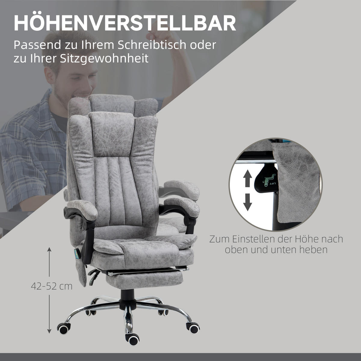 BÜROSTUHL Massagesessel Heizfunktion Liegefunktion Fußstütze Grau - Grau, Textil (67/113/62cm) - Vinsetto