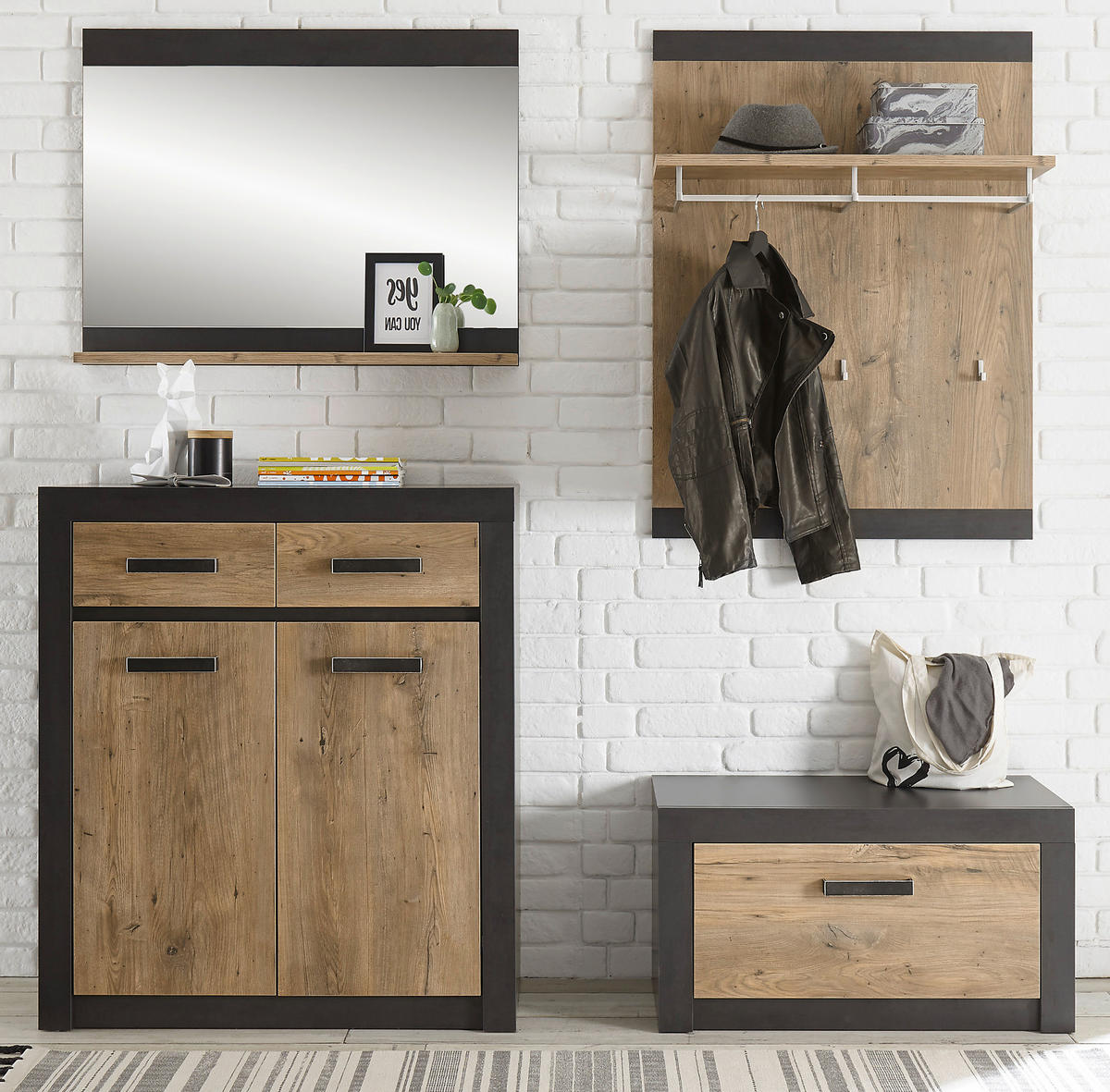 GARDEROBENKOMBINATION Kastanie grau Fresco, Garderobe Set 4-teilig, 192 x 200 cm - Kastanienfarben/Dunkelgrau, Holzwerkstoff/Kunststoff (192/200/42cm) - Furn.Design