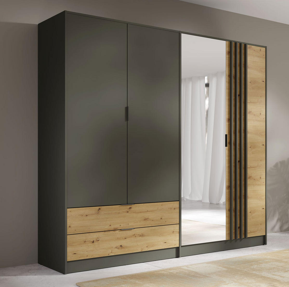KLEIDERSCHRANK Rodgau graphit / Eiche Artisan 220 / 55 / 202,5cm - Eichefarben/Graphitfarben, Holzwerkstoff/Kunststoff (220/202.5/55cm) - Feldmann-Wohnen