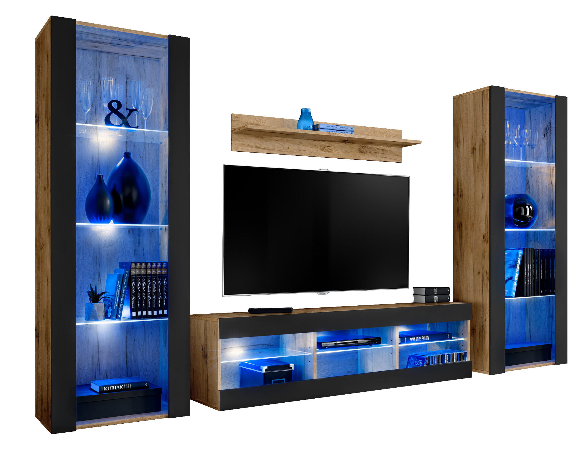 WOHNZIMMERSET TIVOLI GRANDE, 4er-Set, Schwarz, LED Blau - Eiche Wotan/Schwarz, Glas/Holzwerkstoff (250/159/35cm) - Komodee