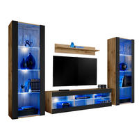 WOHNZIMMERSET TIVOLI GRANDE, 4er-Set, Schwarz, LED Blau - Eiche Wotan/Schwarz, Glas/Holzwerkstoff (250/159/35cm) - Komodee