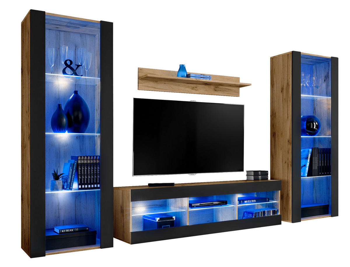 WOHNZIMMERSET TIVOLI GRANDE, 4er-Set, Schwarz, LED Blau - Eiche Wotan/Schwarz, Glas/Holzwerkstoff (250/159/35cm) - Komodee