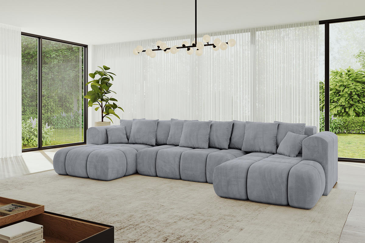 WOHNLANDSCHAFT Ottomane Links CLOUD-U-v1 414x180x40 Hellgrau Velours - Hellgrau, Holzwerkstoff/Kunststoff (414/90/180cm) - ALTDECOR