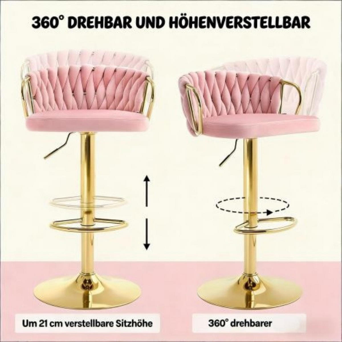 BARHOCKER höhenverstellbar 77-98 cm Samt Pink 2er-Set - Pink, Metall (49.5/98/50.51cm) - Meubliv